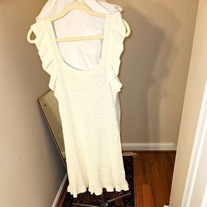 Anthropologie Ruffled Pointelle Knit Mini Dress Square Neck Ivory Cream Womens S